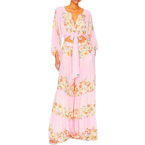 Free People x REVOLVE Paradise Jumpsuit Sugar Magnolia Combo Pink Floral L NEW - Picture 1 of 15